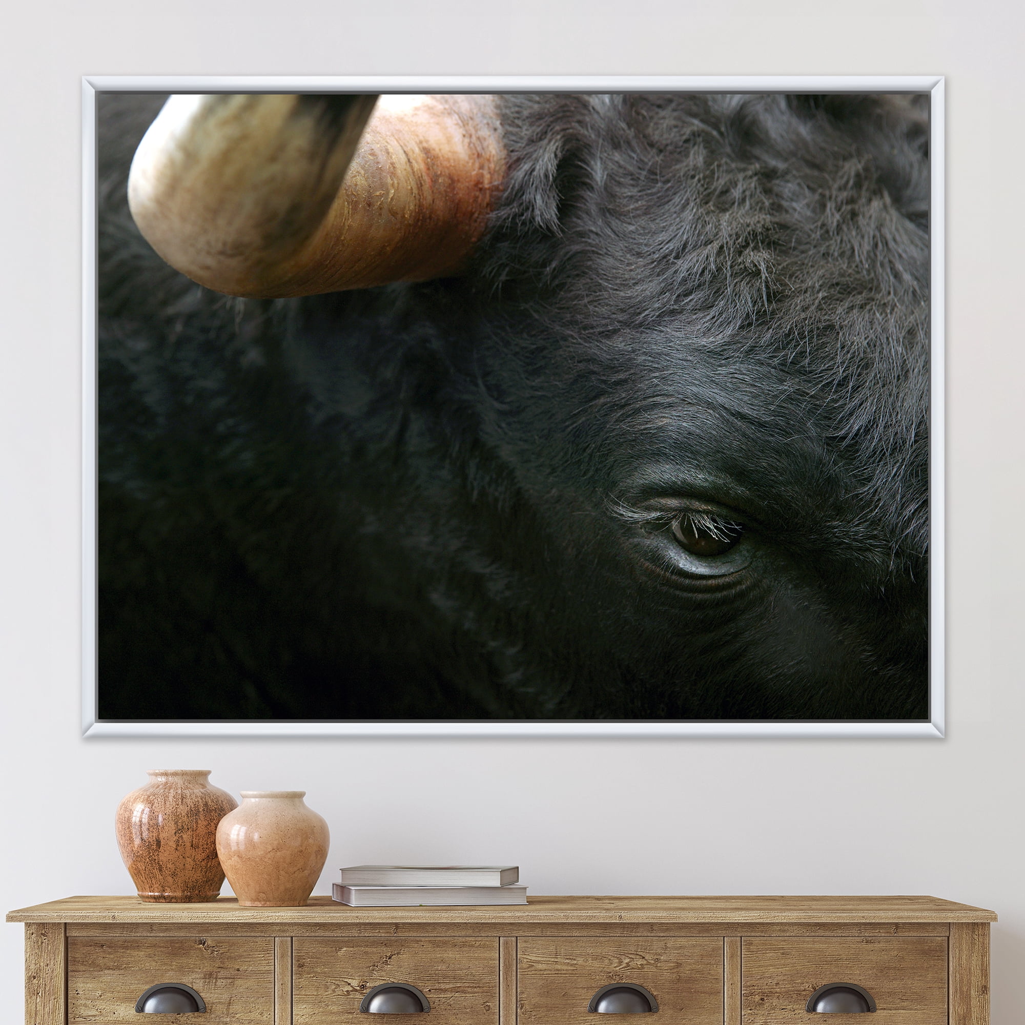 Designart 'Close-Up Of Eye Fighting Bull Head ' Farmhouse Framed Canvas Wall Art Print