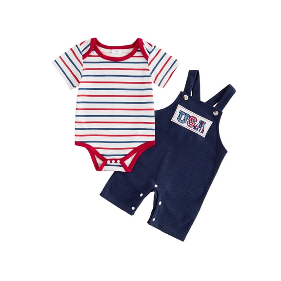 Loicainy Baby Toddler Boy Girl 4th of July Overalls Outfit 3 6 12 18 Months Patriotic Short Sleeve Striped Romper with Flag Embroidery Pants 2Pcs Clothes Set