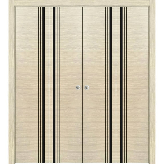 Solid French Double Doors 36 x 80 inches | Planum 0011 Natural Veneer with Frosted Glass | Wood Solid Panel Frame Trims | Closet Bedroom Sturdy Doors