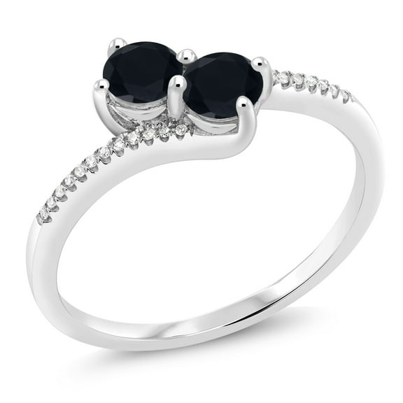 Gem Stone King 10K White Gold Forever United Two Stone Black Onyx and Diamond Engagement Ring for Women (0.61 Cttw, Round) (Size 8)