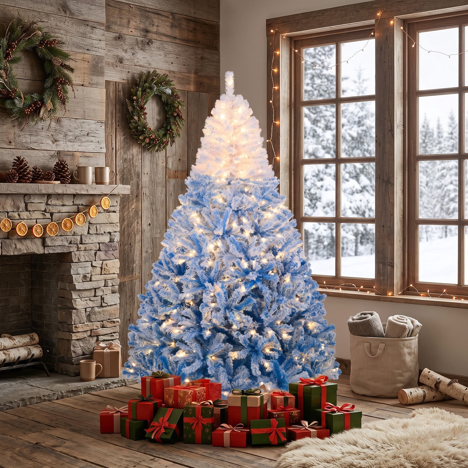 RUIE 7 FT Artificial Christmas Tree with 350 Warm White LED Lights and 8 Modes, Snow Flocked Hinged Prelit Xmas Tree with Foldable Metal Stand, White & Blue