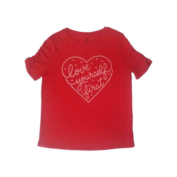 Girls Red Love Yourself First Short Sleeve Valentine T-Shirt Tee Shirt XL(14/16)