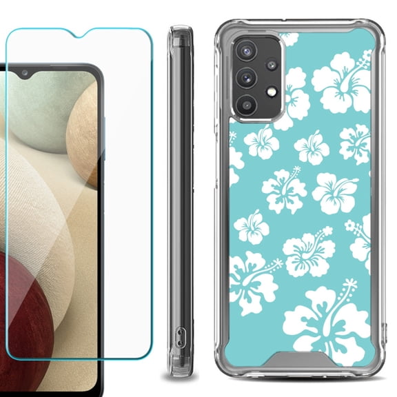 Shockproof Bumper Phone Case for Samsung Galaxy A32 5G, with Tempered Glass Screen Protector, by OneToughShield ® - Hibiscus Teal