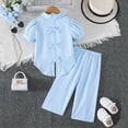 thumbnail image 4 of BLVB Girls Clothes 2 Piece Striped Print Puff Short Sleeve Button down Shirt Tops Wide Leg Pants Spring Summer Outfits 3-9Y, 4 of 7