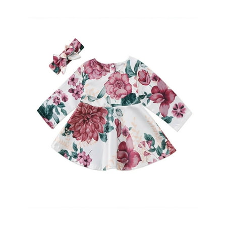 Hirigin Newborn Baby Girls Long Sleeve Floral Dress Headband 2PCS Outfits