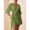 thumbnail image 4 of Green Linen V-Neck Wrap Mini Dress With Side Tie, Casual Summer Style, 4 of 8