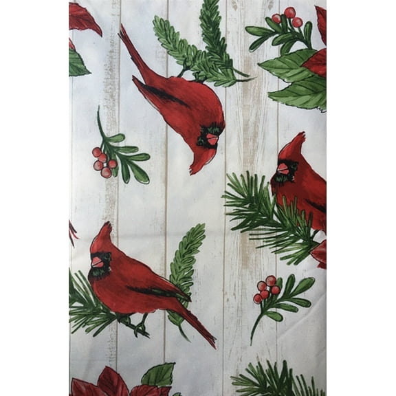 Seasons Greetings Vinyl Flannel Back Tablecloth Christmas Cardinals Red Poinsettia Tree Trimmings on White Wood Background (52" x 90" Oblong)
