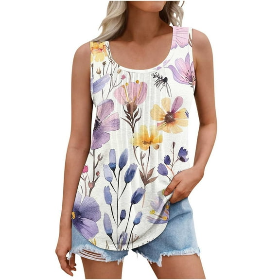 Cilsoka Womens Tank Tops Summer Sleeveless T Shirts Casual Loose Pleated Printed Graphic Tees Blouses ,Cotton Tank Top Women Plus Size