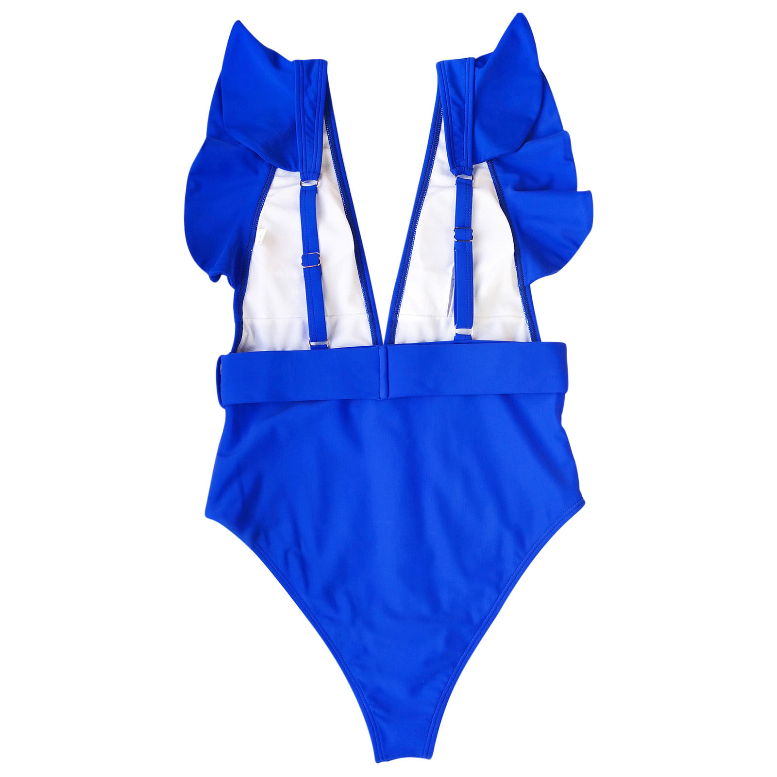RQYYD Women's One Piece Swimsuit Ruffle Flounce Deep V Neck Strappy Swimwear  Bathing Suits Monokini with Belt(White,M) 