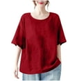 thumbnail image 2 of HOMBOM Crew Neck Women Tops Red 3/4 Sleeve Fall Cotton Linen New arrivals Solid Color Tunnic Blouse, 2 of 6