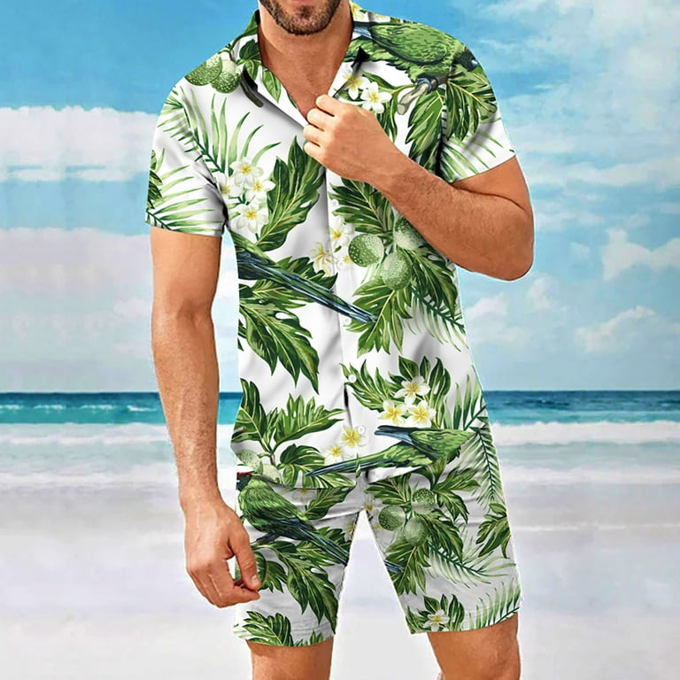 ZCFZJW Men Hawaiian Shirt Pants 2 Piece Set Summer Short Sleeve