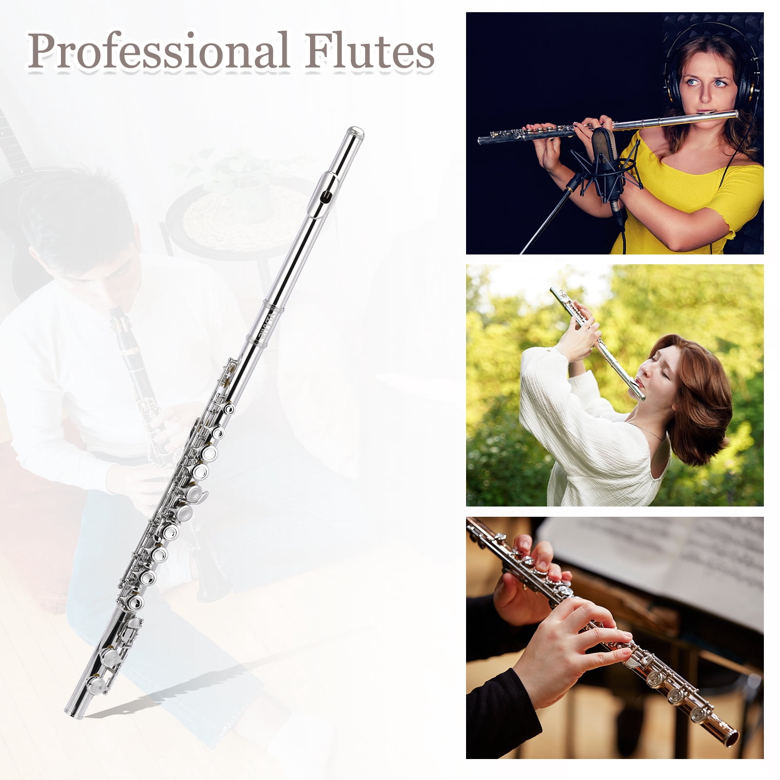 Uxcell C Flutes Closed Hole 16 Keys, Professional Flute for Beginner, with Case, Stand, Cleaning Kit
