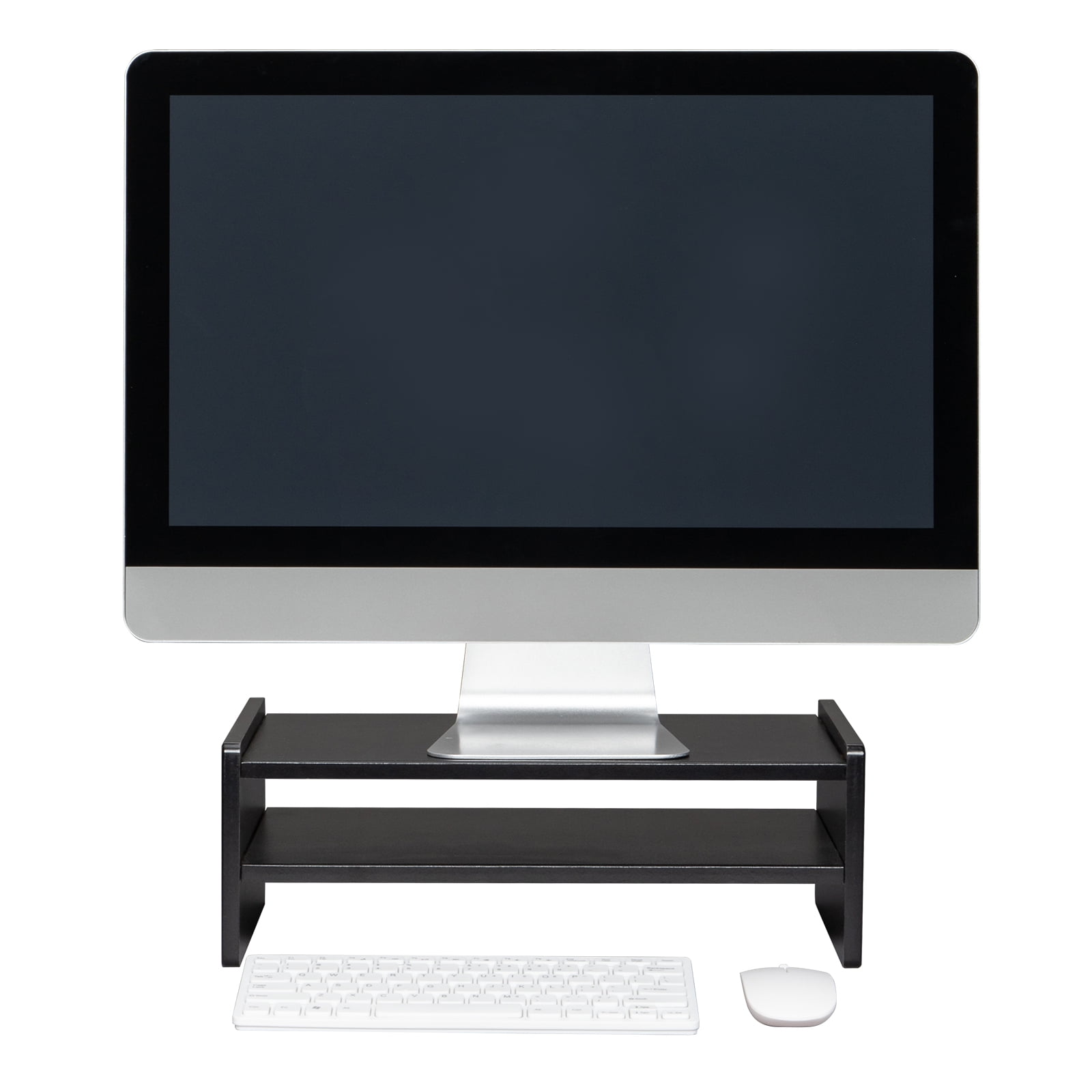 Kepooman 2-Tier Wood Arm Riser Desk Storage Organizer, 16.7 inch Computer Monitor Stand Clamp Desk TV Shelf Risers