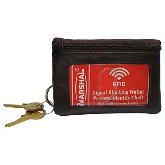 Genuine Leather Brown Zippered Change Purse Wallet with ID Window & Key Ring