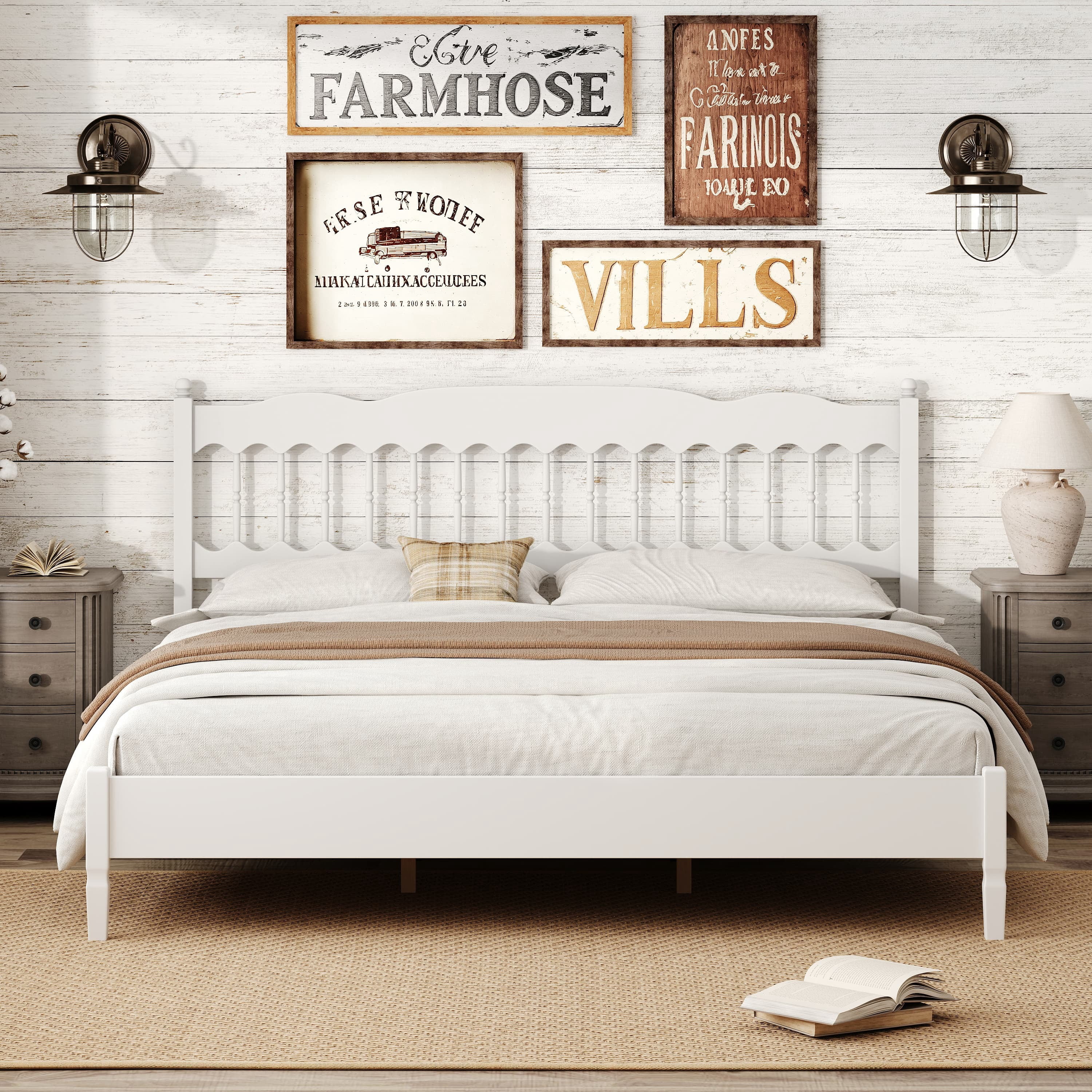 Euroco Wood King Size Platform Bed, Countryside Style Bed Frame with Spindle Headboard, No Box Spring Needed, White