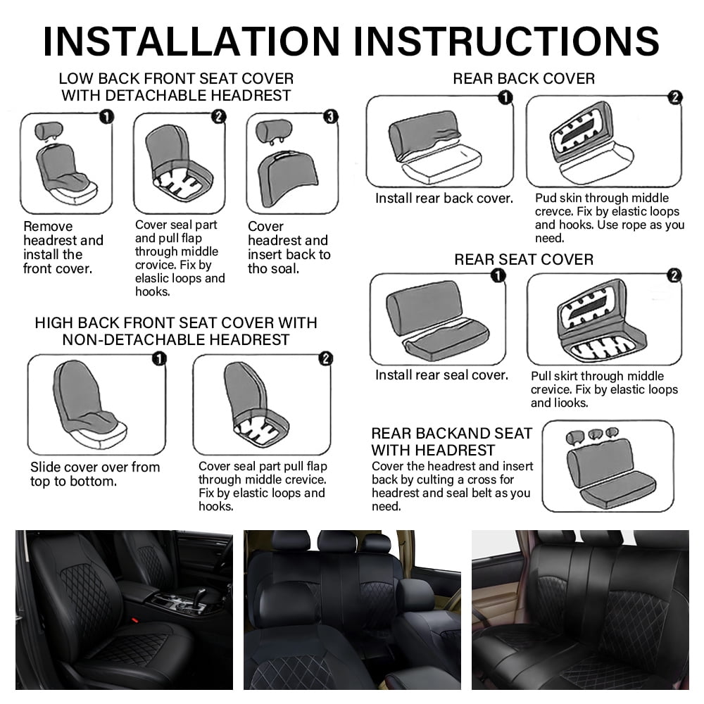 XiongXiong 9 Pcs PVC Leather Car Seat Covers Full Set, Front & Rear Bench Waterproof Seat Cover Fit for SUV,Sedan,Van, Airbag Compatible, Black