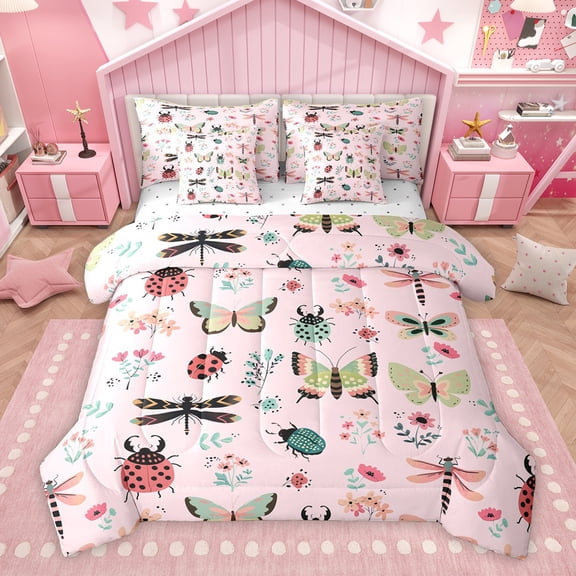 Homewish Cartoon Butterfly Ladybug Twin Bedding Sets 7-Piece, Cute Animal Insect Bedding Comforter Set, Princess Pink Cartoon Reversible Sheet Sets, Super Cozy Room Decor