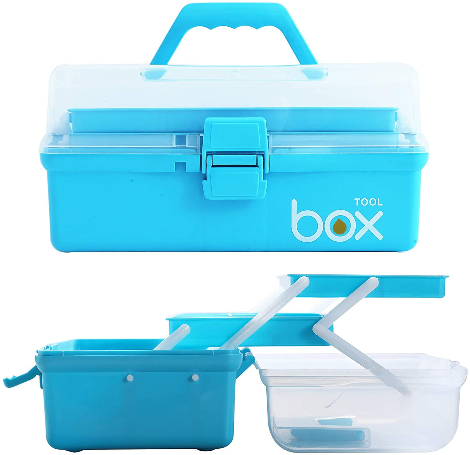 Sunxenze 12'' Three-Layer Clear Plastic Craft Storage Box, Tool Box/Sewing Box Organizer, Art with Handle (Light Blue)