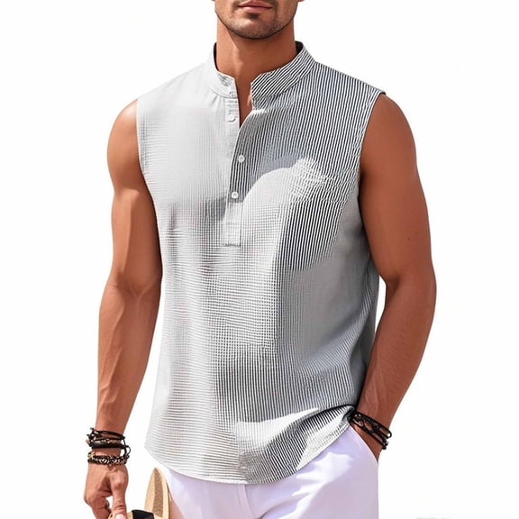 Yaoyar Mens Muscle Tank Tops Sleeveless Workout Gym Henley Shirts Slim Fit Collared T-Shirts Beach Summer Button Vest Shirts