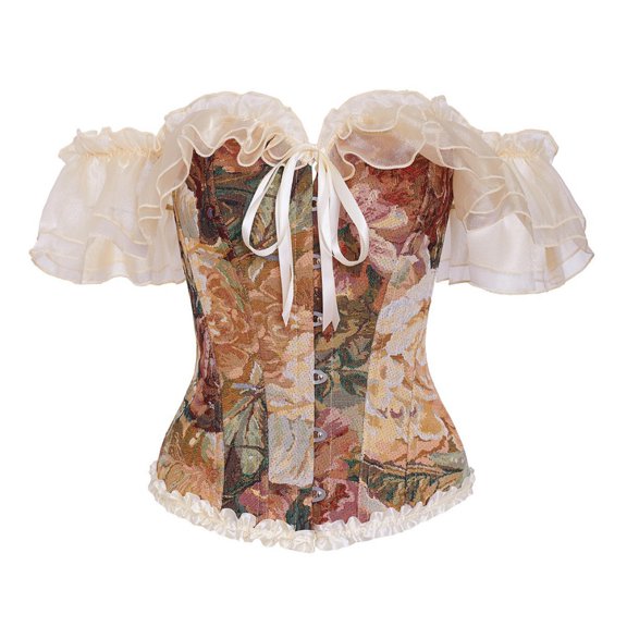 Molidfa Women's Off Shoulder Short Sleeve Floral Lace Ruffle Corset Bustier Tie Front Formal Top