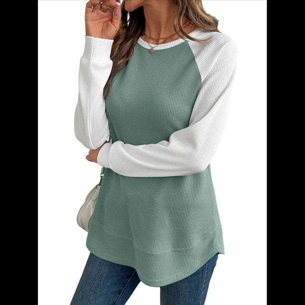 Tops Casuales de Punto Gofre con Cuello Redondo y Larga con Bloques de Color para Mujer Verde XL