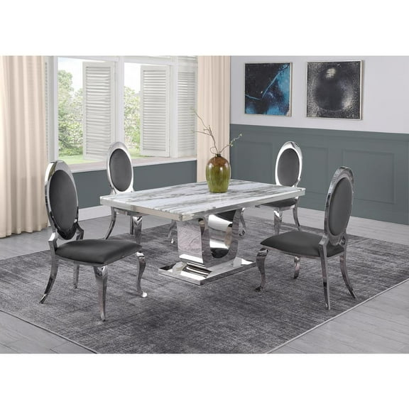 White Marble 5 piece Dining Set with Silver Stainless Steel Base