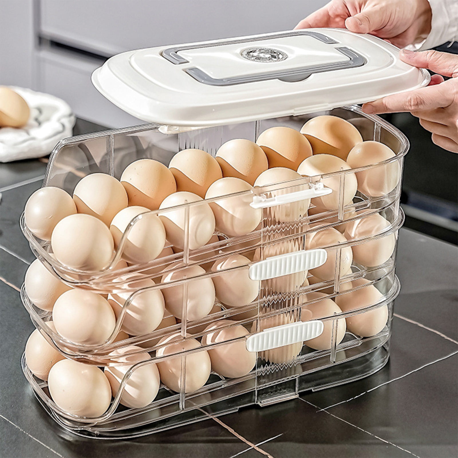 Premium Plastic Rolling Egg Organizer with Multi-Layer Storage, Transparent Lid, Non-Slip Base, and Smooth Tray for Kitchen and Refrigerator Storage
