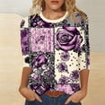 thumbnail image 4 of Floral Patchwork Graphic T-Shirt for Women Crewneck Three Quarter Sleeve Relaxed Fit Soft Casual Daily Wear Bohemian Style Festive Spring Clothes Top, 4 of 6