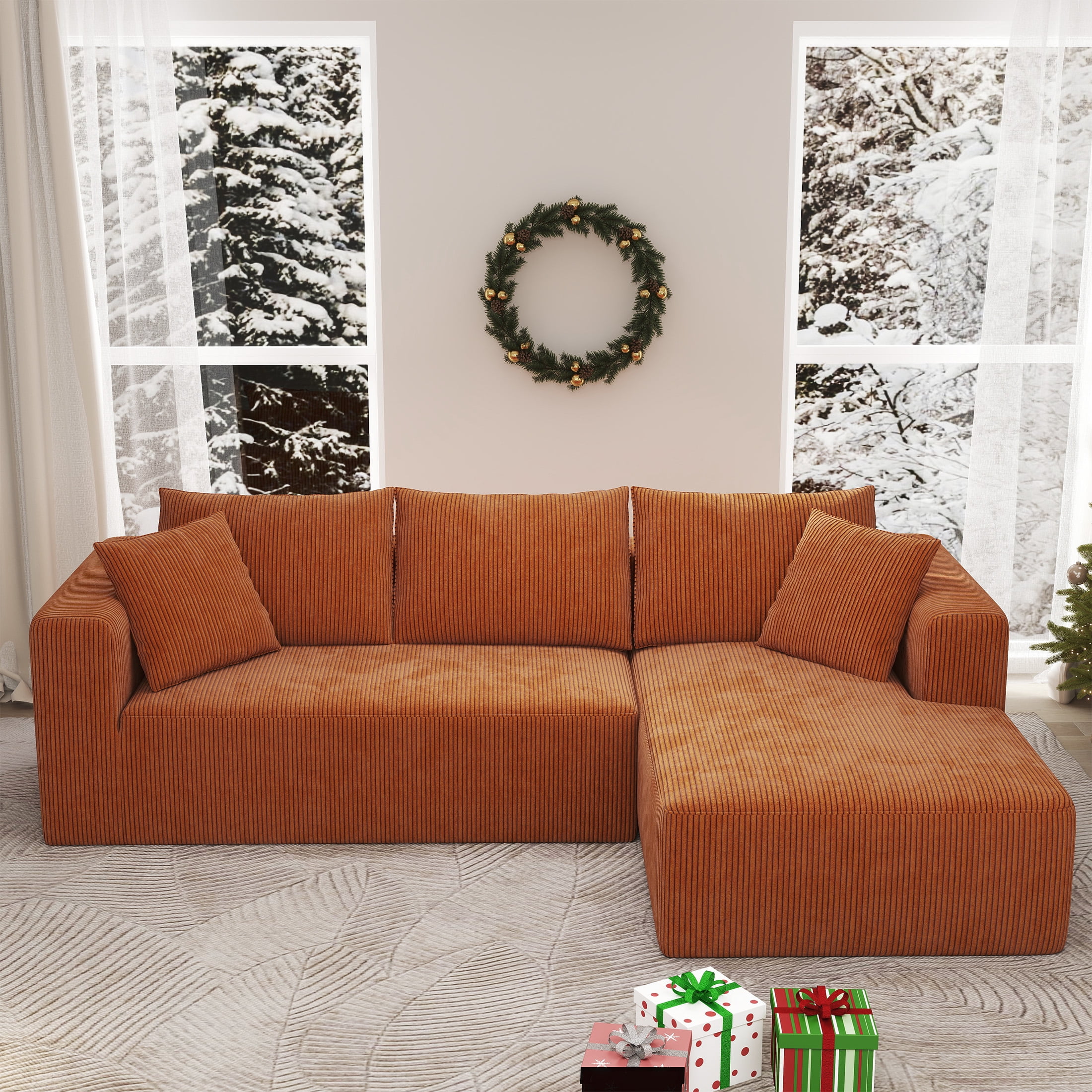 DEALTOPS 104'' Modular L-Shape Sectional Sofa with Chaise, Comfy Deep-Seat Cloud-Couch, Corduroy - Orange