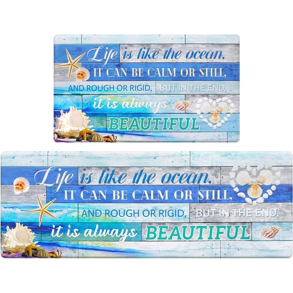 Kitchen Rugs Set of 2 Beach Kitchen Mats for Floor Anti Fatigue Mats for Kitchen Floor, Coastal Ocean Kitchen Rugs Non Slip Washable Floor Mats for Kitchen Decor, 18'''' x 48'''' and 18'''' x 30''''