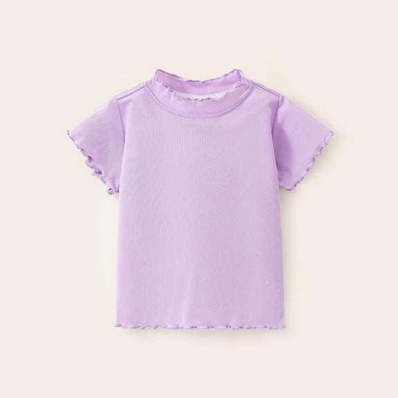 lmcalzta Toddler Kids Girls Ribbed Knit T-Shirts Ruffle Short Sleeve Soft Stretch Tees Fashion Casual(1-9 Years)