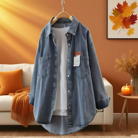 PiGOGI Women's Denim Shirt Loose Long Sleeve Casual Jacket Top Blouse Blue XL
