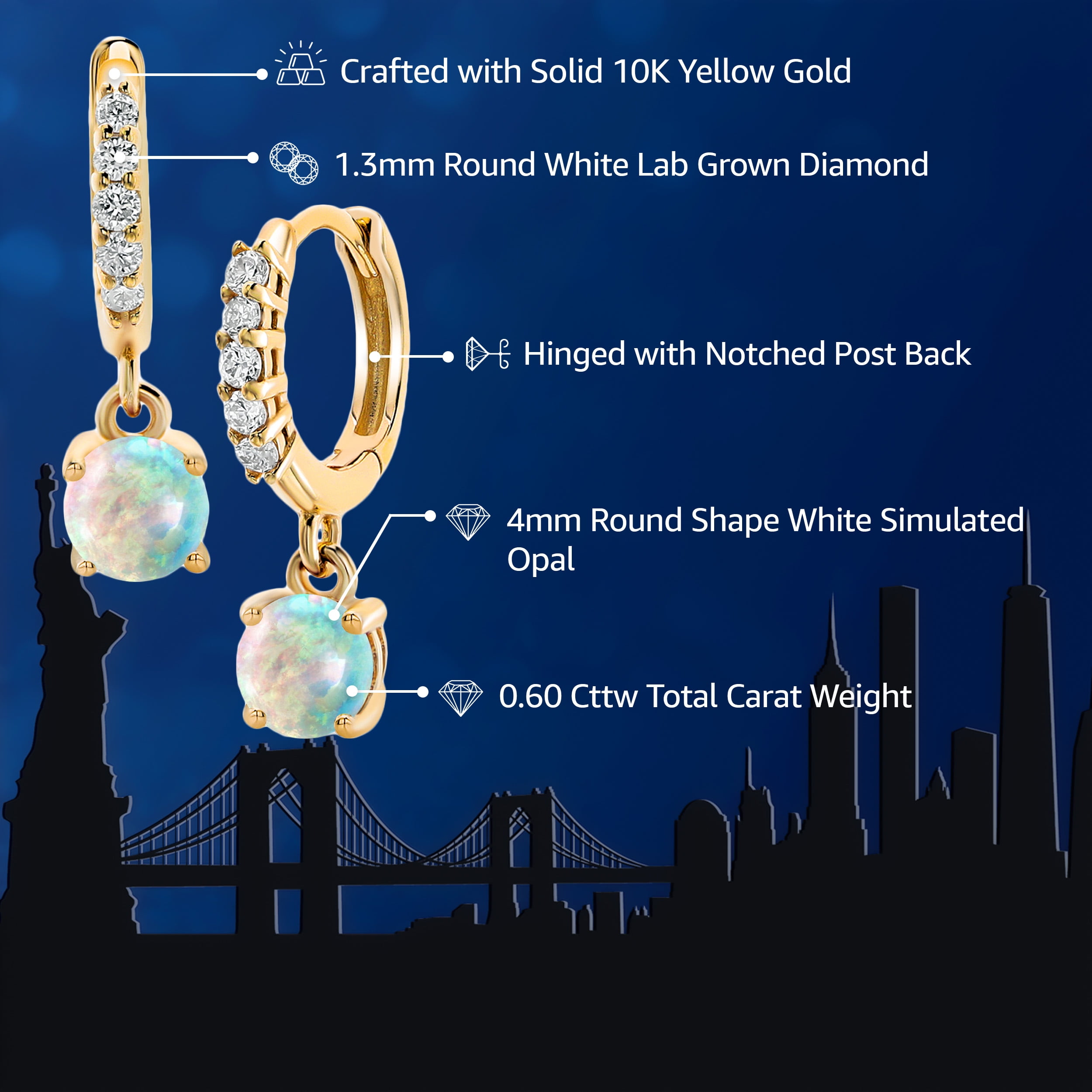 Gem Stone King 10K Yellow Gold White Simulated Opal and White Lab Grown Diamond Dangle Drop Huggie Hoop Earrings for Women (0.60 Cttw, Gemstone October Birthstone, Round Cabochon 4MM)