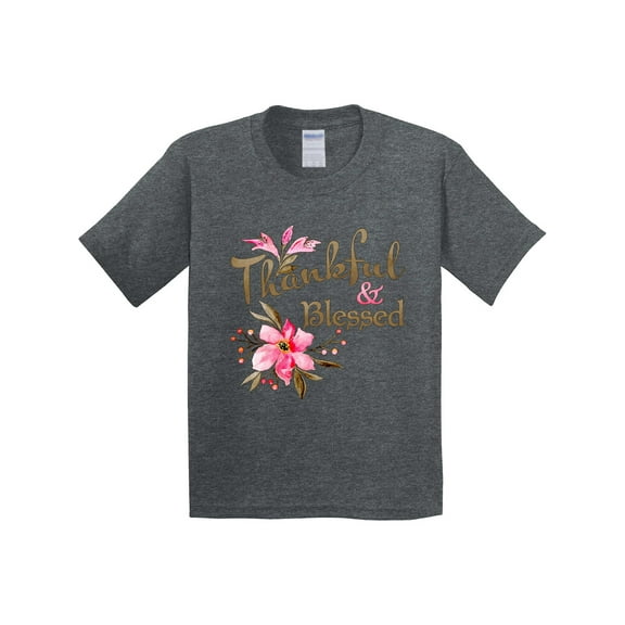 Inktastic Thankful and Blessed Inspirational Saying with Pink Flowers Youth T-Shirt
