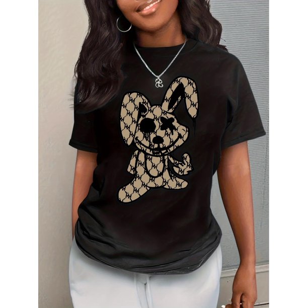 Rabbit Print Crew Neck T-shirt, Casual Short Sleeve T-shirt For Summer, Women's Clothing