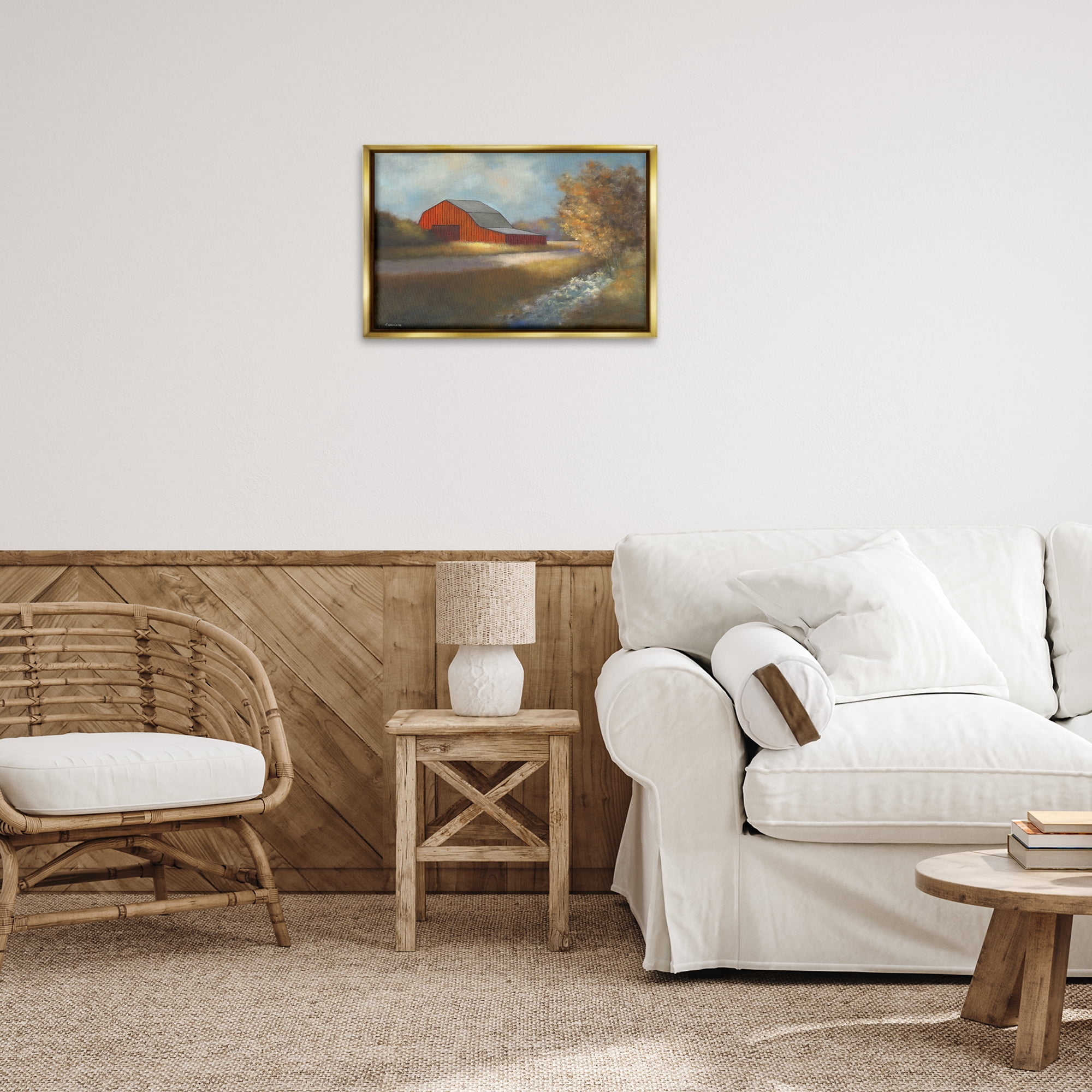 Stupell Industries Traditional Red Barn Landscape Painting Gold Floater Framed Canvas Art Print Wall Art, 25 x 17