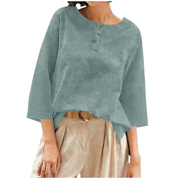 Kukoosong Women's Casual 3/4 Sleeve Crew Neck Crop Top, Solid Color Summer Blouse with Comfortable Fit for Fashion Everyday Wear Women's Tops