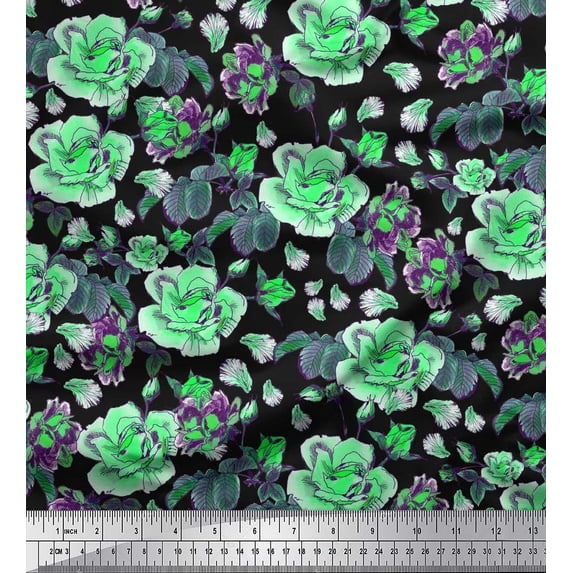 Soimoi Green Rayon Fabric Leaves & Floral Print Sewing Fabric BTY 42 Inch Wide