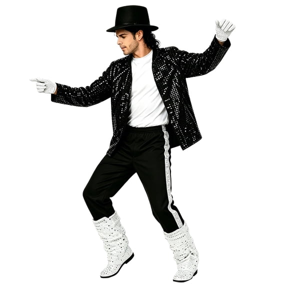 Mens Dance Star Outfit 𝗖ostume Set 80s 90s Disco Party Stage Shirt with Sequin Jacket, Pants, Hat Hip Hop