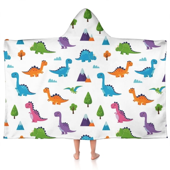 White Dinosaurs Landscapes Pattern Hooded Bath Towel,50"x30" for Ages 3 To 12 Kids, Quick Dry Lightweight Soft Microfiber Hood Beach Towel Cover Up for Kids