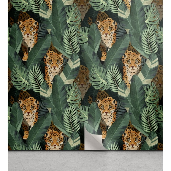 Ambesonne Jaguar Peel & Stick Wallpaper for Home, Art Exotics Monstera Banana, 13"x36", Laurel Green Orange Beige