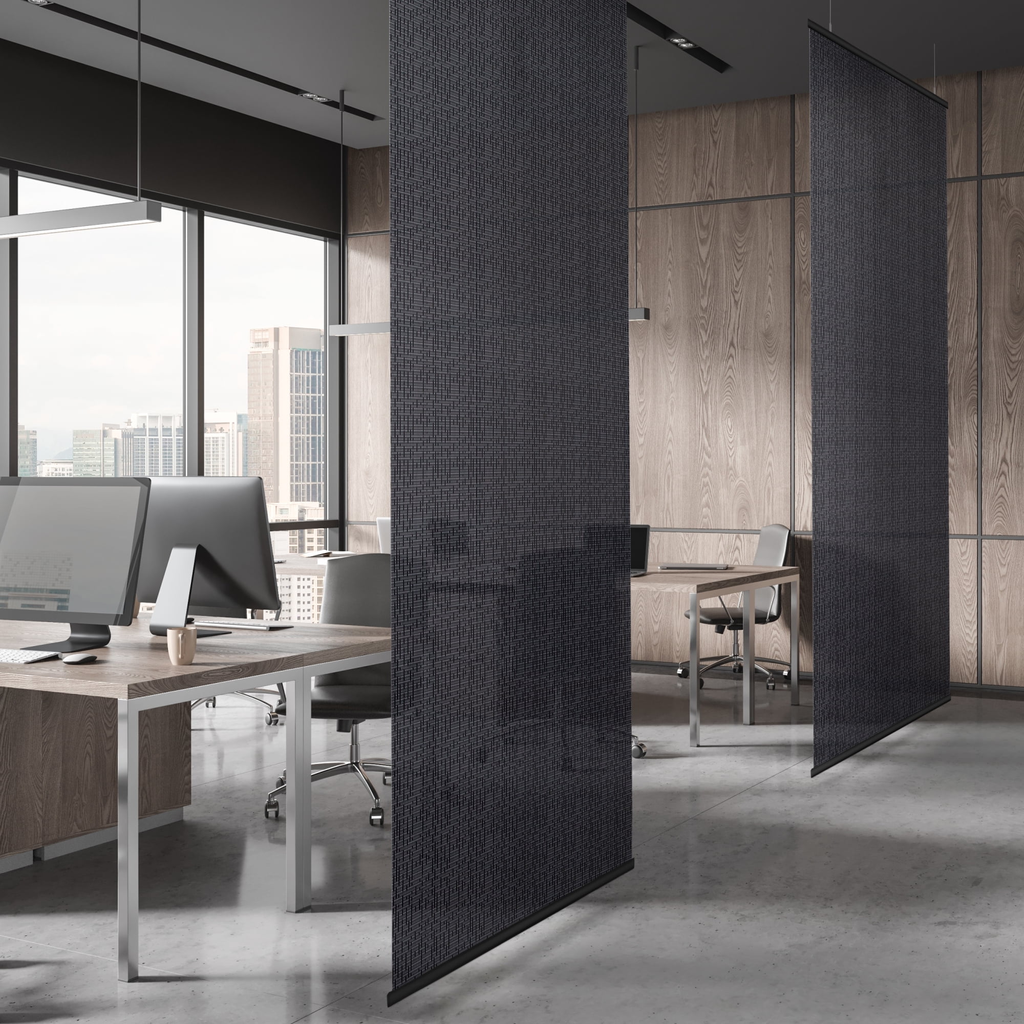 DECOLAB Hanging Room Divider, Ceiling Mount Sheer Fabric Ceiling Suspended Screen Panels for Office, Studio Apartment, Home, Space Saving, Trimmable Length, 36" W x 96" L, pack of 2, Drizzle