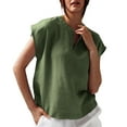 thumbnail image 2 of Lovskoo Women's Linen Shirts Cap Short Sleeve Loose Pollover Solid Color V-Neck Blouse Shirt Olive Green, 2 of 7