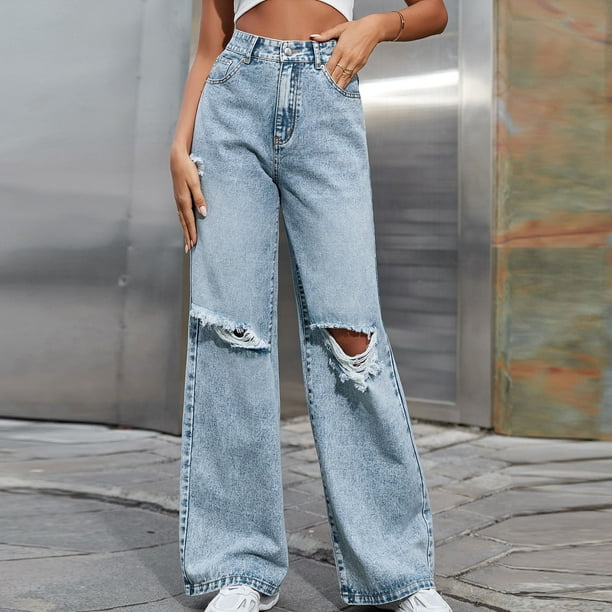 Women's Ripped Jeans Stretchy High Waisted Straight Wide Leg Denim Pants  Casual Loose Distressed Lounge Trousers