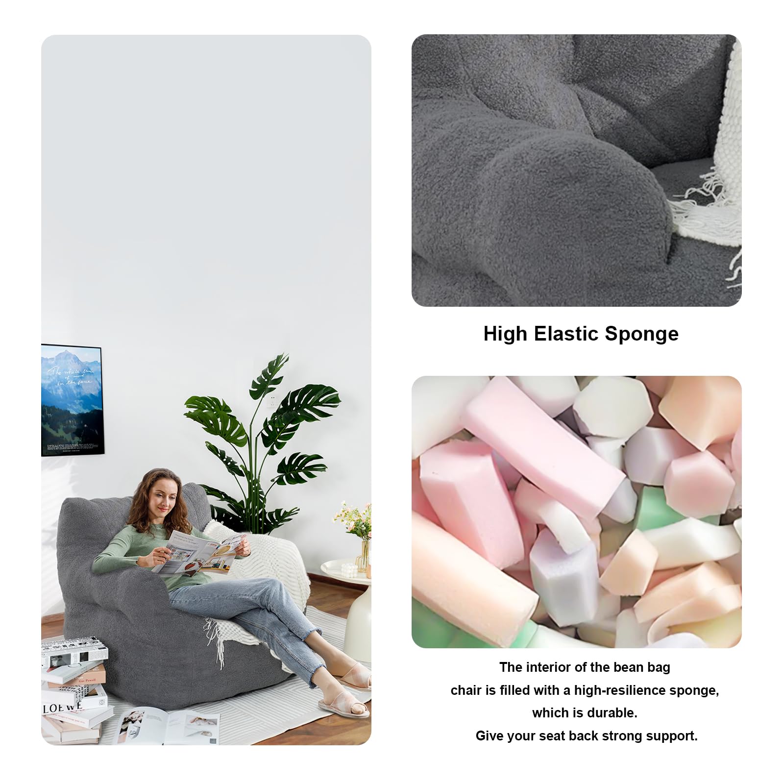 Baxluxe Bean Bag Chairs for Adults Kids Comfy Reading Chair Living Room Couch Home Sofa with Armrest Bean Bag Sofa with Filler Memory Foam Fluffy Lazy Sofa