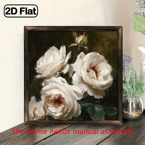 2D Flat - 1pc Classic White Roses Wooden Wall Art, Rustic Farmhouse Decor, Multipurpose Wood Sign for Home, Living Room, Kitchen, Bedroom, Office - Wall Hanging, No Electricity Needed, 8x8 Inch De