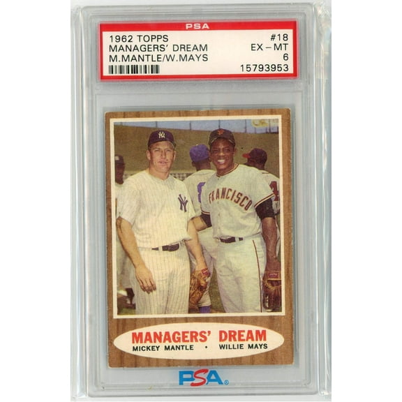 Graded 1962 Topps Managers' Dream Mickey Mantle Willie Mays #18 Baseball Card PSA 6 EX-MT