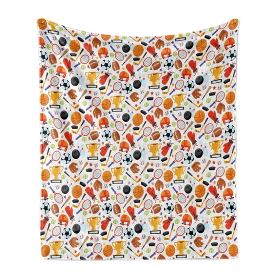 Sport Soft Flannel Fleece Blanket, Abstract Cartoon Style Sporting Goods Tennis Racket Ball Bowling Star Filled Pattern, Cozy Plush for Indoor and Outdoor Use, 60" x 80", Multicolor, by Ambesonne