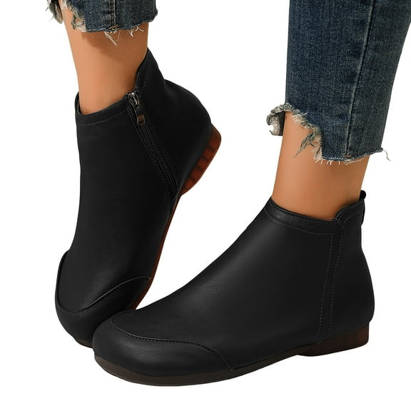 Womens Ankle Boots Casual Round Toe Splice Vintage Soft Leather Zip up Short Booties Comfy Nonslip Flat Heel Dress Boots Black Size 8