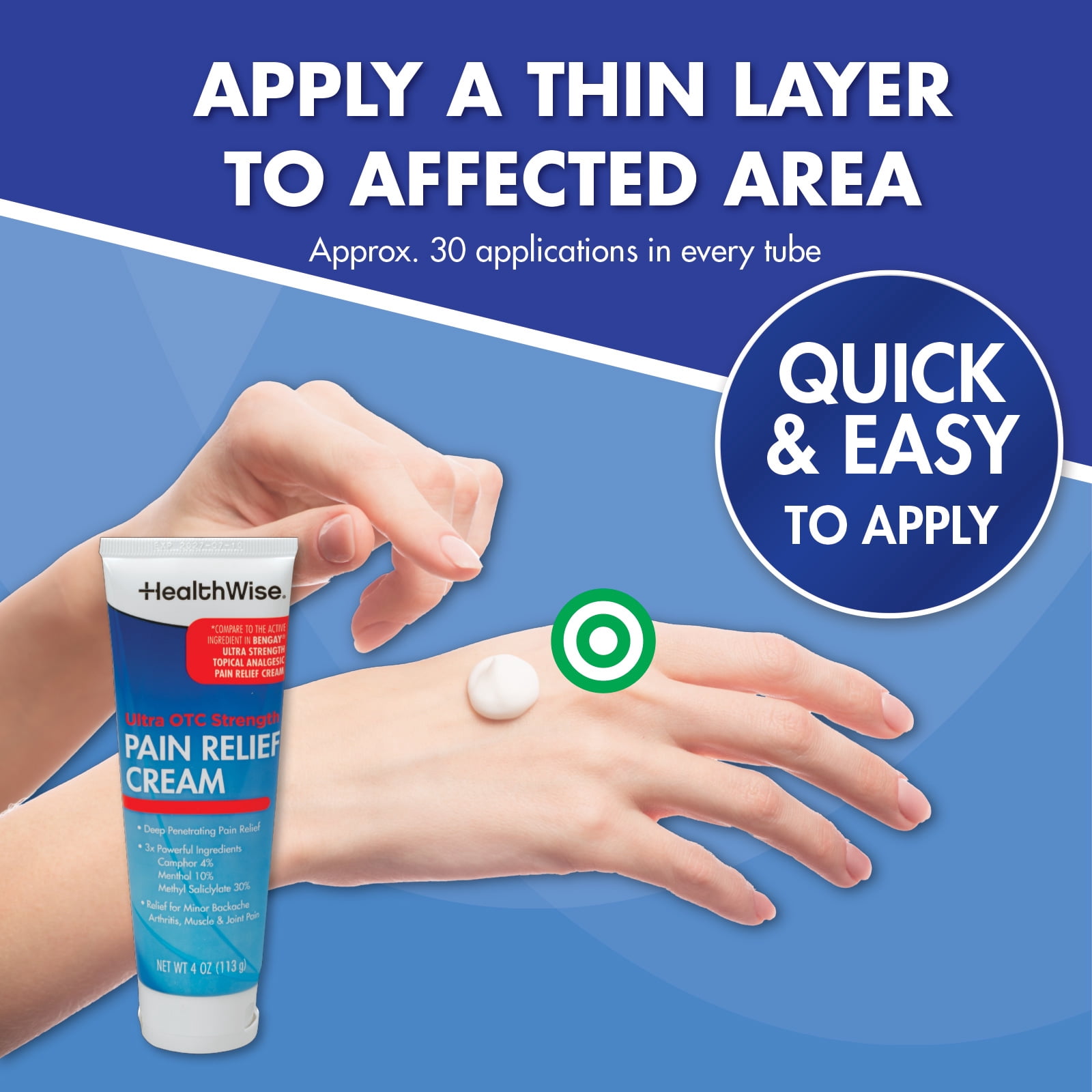 HealthWise Pain Relief Cream | Ultra OTC Strength | 4% Camphor + 10% Menthol + 30% Methly Saliclylate | Non-Greasy Formula | 4.0 Oz | Topical Analgesic
